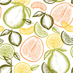 A repeating pattern of stylized citrus fruits in green orange and yellow
