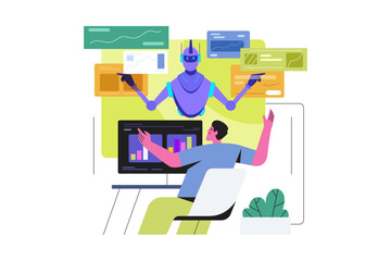 A robot and person interact with data visualizations on screens