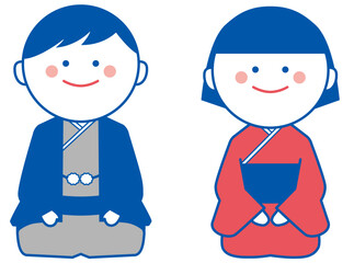 着物を着た男女が座って挨拶