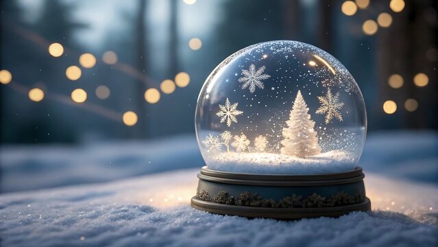 Glowing snow globe with Christmas tree and snowflakes on snowy ground with festive lights 
