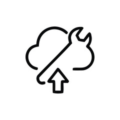 A line drawing of a cloud with an arrow pointing up and a wrench going through it on a white background
