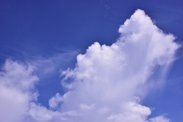 Obraz premium Large cumulus white cloud rising in a vibrant deep blue sky, creating a dramatic and peaceful atmosphere. A natural tropical sky scene from Bangladesh