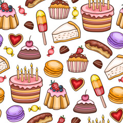 A seamless pattern of colorful pixel art desserts on a white background