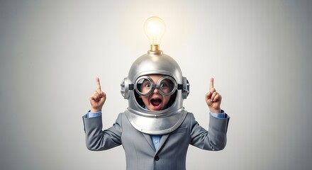 Excited child wearing a retro astronaut helmet with a light bulb on top, pointing fingers up, isolated on white background