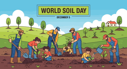 Flat vector poster showing farmers and children planting trees in fertile soil, celebrating World Soil Day, eco-friendly theme, bright and cheerful colors