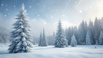 Fototapeta premium Snow covered pine trees in peaceful winter forest landscape with falling snowflakes 