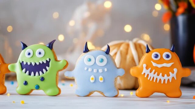 Colorful monster cookies with icing and halloween decor on white background