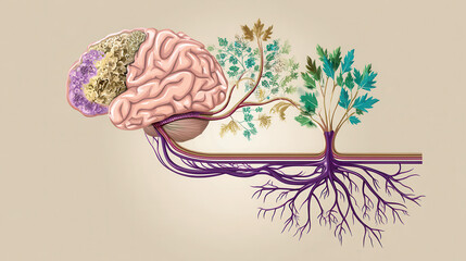 Illustration of a human brain interconnected with tree branches and roots, symbolizing growth, knowledge, and nature's influence on mental health