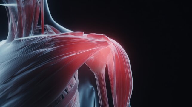 Human shoulder muscle anatomy with red highlight on black background