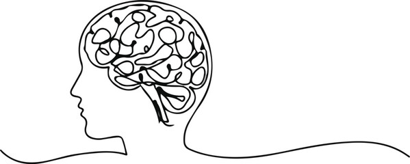 Minimalist outline sketch of mental health blooming mind with flowers, wellness growth illustration, psychology concept, self care therapy art, mindfulness and healing vector design