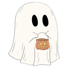 Cute Halloween Ghost Holding Pumpkin Basket drawing isolated on transparent background