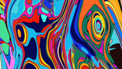 Funky liquid shapes pattern - colorful abstract organic forms on blue background. Retro groovy blobs, flowing curves, psychedelic design elements. Lava lamp style ornament, 70s aesthetic decorations.