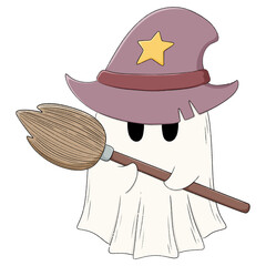 Cute Halloween Ghost with Witch Hat and Broom drawing isolated on transparent background