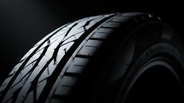 Close up of a brand new car tire slowly spinning. The light dramatically reveals the texture and details of the rubber tread pattern
