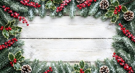 Festive christmas frame with fir branches, holly berries, and pine cones on a rustic white wooden background, perfect for holiday greetings and designs