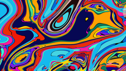 Obraz premium Funky liquid shapes pattern - colorful abstract organic forms on blue background. Retro groovy blobs, flowing curves, psychedelic design elements. Lava lamp style ornament, 70s aesthetic decorations.