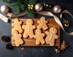 Festive gingerbread cookies on wooden board