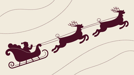 Silhouette illustration of santa in a sleigh pulled by two reindeer on a light beige background