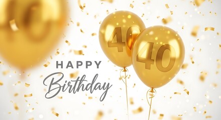 Golden balloons with the number 40 and confetti celebrating a happy 40th birthday, isolated on white background