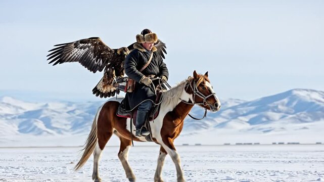 Majestic Mongolian eagle hunter on horseback with a golden eagle, riding through a vast snowy landscape with mountains in the background, showcasing an ancient and powerful tradition.