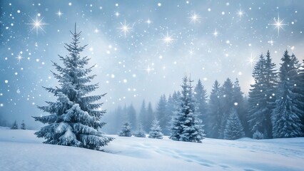 Fototapeta premium Snow covered pine trees in winter forest with magical starry night sky and falling snow 