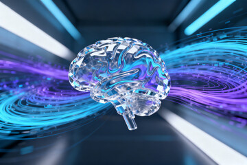 Digital brain with glowing neural pathways in a futuristic environment