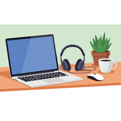 Fototapeta premium Workstation Illustration Laptop, Headphones, and Coffee Cup on a Desk