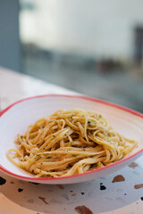 Spaghetti Aglio Olio Served in a Restaurant