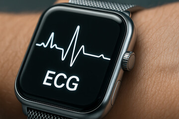 A smartwatch displaying a live ECG waveform on its screen, symbolizing the fusion of digital health monitoring and wearable technology. The metallic strap and clear display emphasize precision and inn