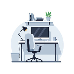 Clean and Modern Home Office Workspace with Computer and Ergonomic Chair, Ideal for Remote Work, Study, or Creative Tasks in a Minimalist Flat Design Setting