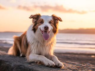 Happy border collie dog panting on beach at sunset