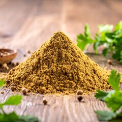 Pile of golden spice on wooden table