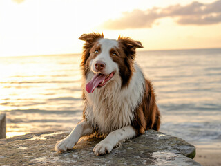 Happy border collie dog panting on beach at sunset