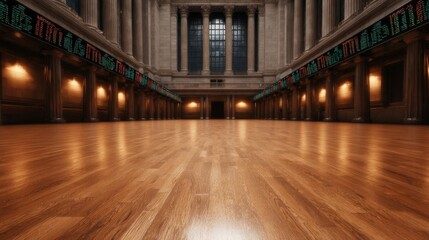 Fototapeta premium Wide Shot of Empty Stock Exchange Floor Displaying Digital Boards and Wooden Interior During Quiet Moment