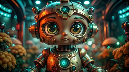 Cute steampunk style robot with big eyes standing in futuristic garden
