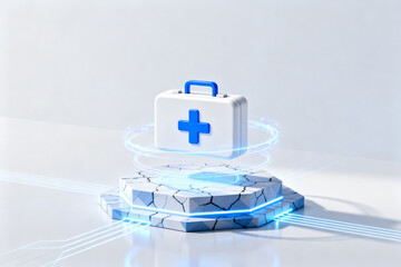 A futuristic medical kit with a glowing blue cross symbol, floating above a cracked hexagonal platform with digital light effects.