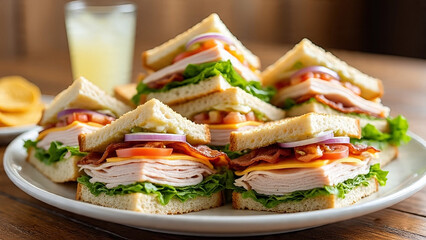 Fresh sandwich with ham cheese and vegetables on a plate