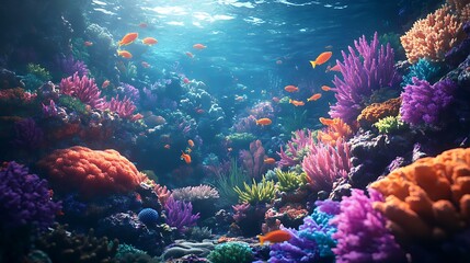 Obraz premium Explore vibrant coral reef teeming with life, showcasing colorful fish in clear waters