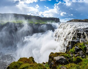 Powerful waterfall cascading over basalt cliffs