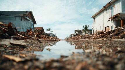 Fototapeta premium Aftermath of Tsunami with Debris and Flooded Streets in Coastal Area
