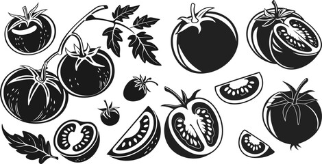 Black Line Tomato Icons Set including Flat Vegetable Food Farming and Cooking Symbol Collection with Minimal Tomato Icon Group for UI Web Kitchen Garden Salad and Culinary Design Projects