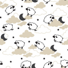 Sleepy Sheep and Starry Sky with Clouds Pattern. Perfect for sleep-themed designs, nursery textiles, kid pajamas, wallpapers, wrapping paper, and dreamy bedtime illustrations.
