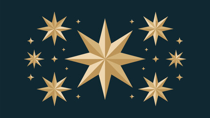 A collection of golden stars of varying sizes arranged on a dark blue background in a symmetrical pattern