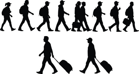 Silhouette vector of travelers walking with luggage, showcasing motion, journey, airport transit, commuting, and travel lifestyle in black design