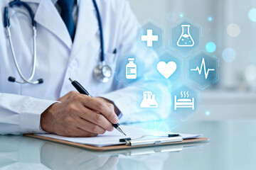 Doctor writing notes with medical icons floating nearby in a clinical setting