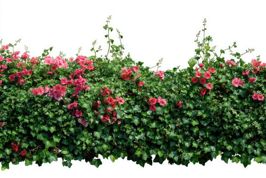 
A realistic photograph of an ivy-covered flower bed with pink and red flowers, on a white background,