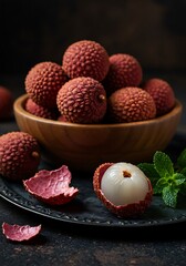 Moody Still Life of Fresh Lychees in Wooden Bowl with Dark Dramatic Lighting