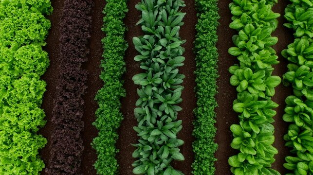 Aerial View of Vibrant Rows in a Flourishing Vegetable Garden with Fresh Greens and Healthy Soil