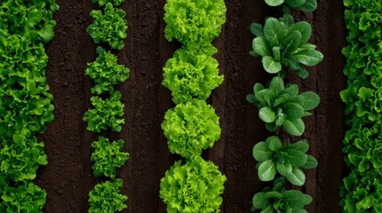 Aerial View of Neatly Organized Rows in a Vibrant Vegetable Garden Showcasing Fresh Greens and Soil