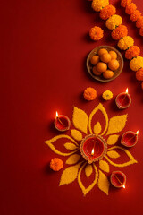 Obraz premium Diwali Festival Background with Decorative Oil Lamps, Flowers, Sweets and Gifts on Red Background